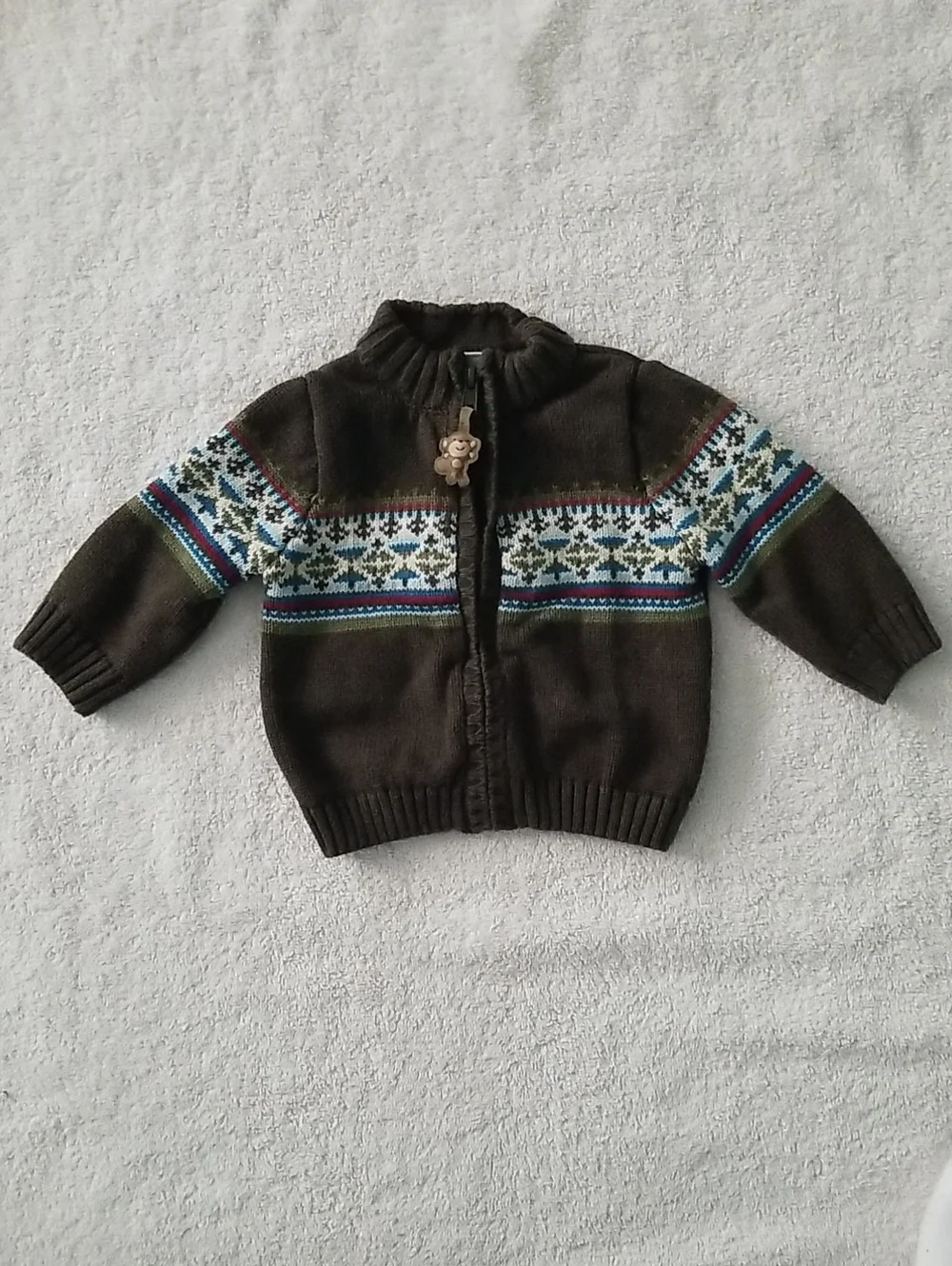 Baby Fair Isle Full Zip Cardigan Sweater Green w/ Monkey Zipper Pull Size 3-6 M